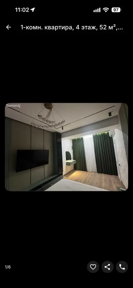 1-комн. квартира, 4 этаж, 52 м², Исмоили Сомони