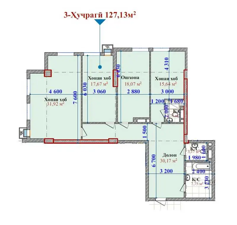 3-комн. квартира, 15 этаж, 127 м², Исмоили Сомони