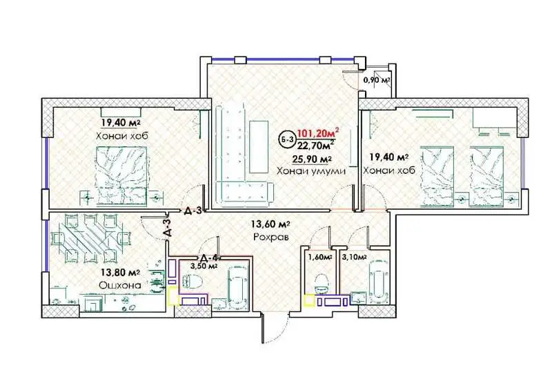 3-комн. квартира, 8 этаж, 101 м², Исмоили Сомони