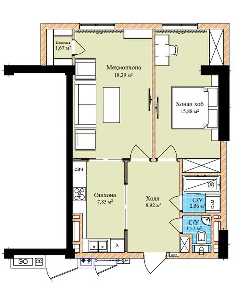 2-комн. квартира, 14 этаж, 60 м², Фирдавси