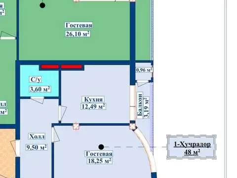 2-комн. квартира, 2 этаж, 48 м², Шохмансур