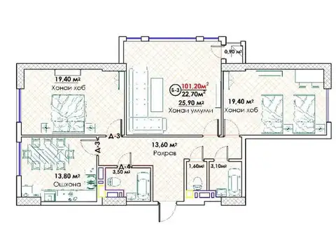 3-комн. квартира, 8 этаж, 101 м², Исмоили Сомони