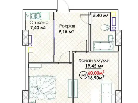 2-комн. квартира, 11 этаж, 60 м², Исмоили Сомони