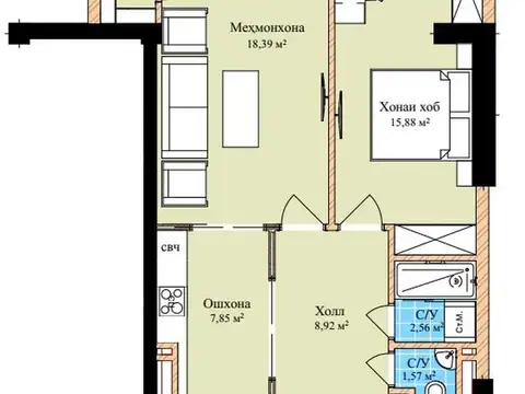 2-комн. квартира, 14 этаж, 60 м², Фирдавси